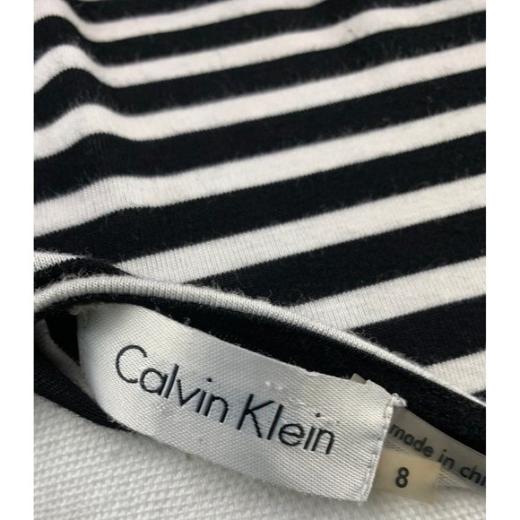 Calvin Klein Blue Asymmetrical Sleeves-neck Navy-white Striped Knit Dress Size 8 - Picture 9 of 10